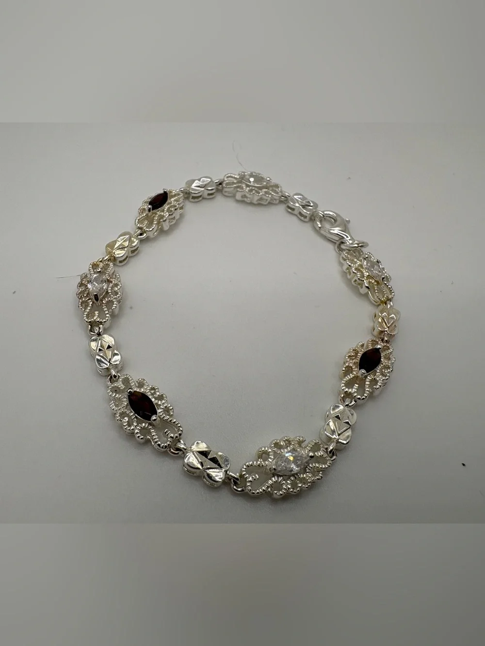 S925 Sterling Silver Filigree Link Bracelet CZ Tourmaline Tested 7” 9g